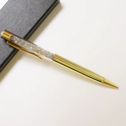 Gold pen with natural moonstone crystals