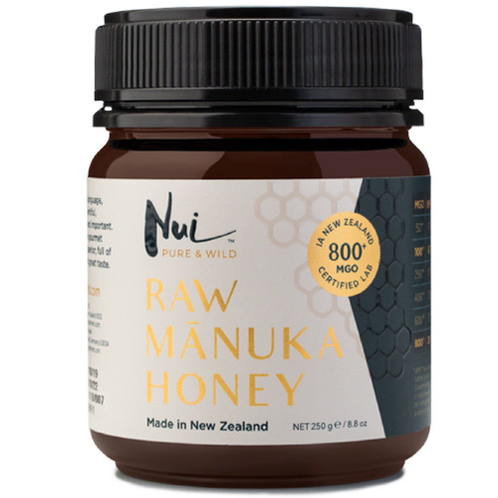 Nui Raw Manuka Honey MGO 800+ jar — multitasking honey for wellbeing and skincare.
