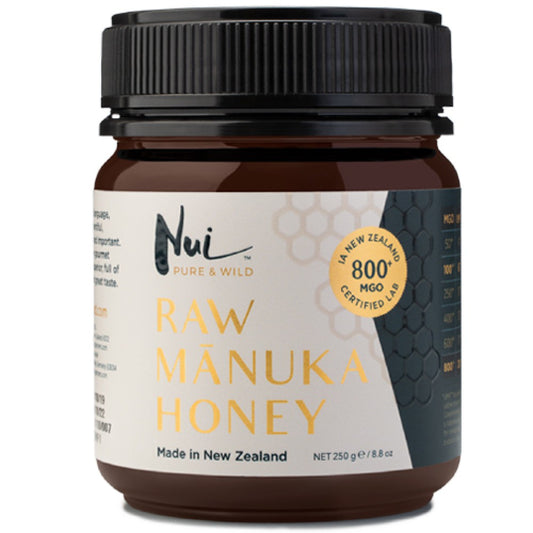 Nui Raw Manuka Honey MGO 800+ jar — multitasking honey for wellbeing and skincare.
