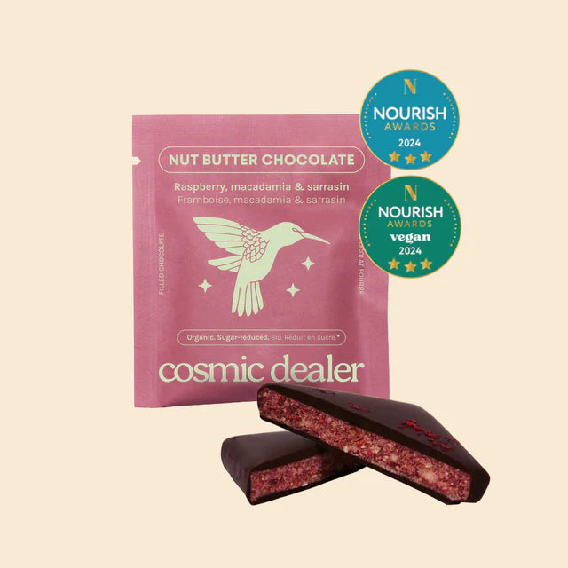 Cosmic Dealer Raspberry & Macadamia dark chocolate nut-butter squares – organic, vegan, low sugar