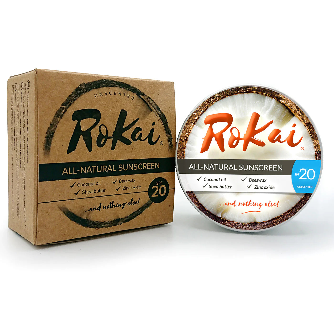 Rokai all-natural sunscreen packaging on a white background
