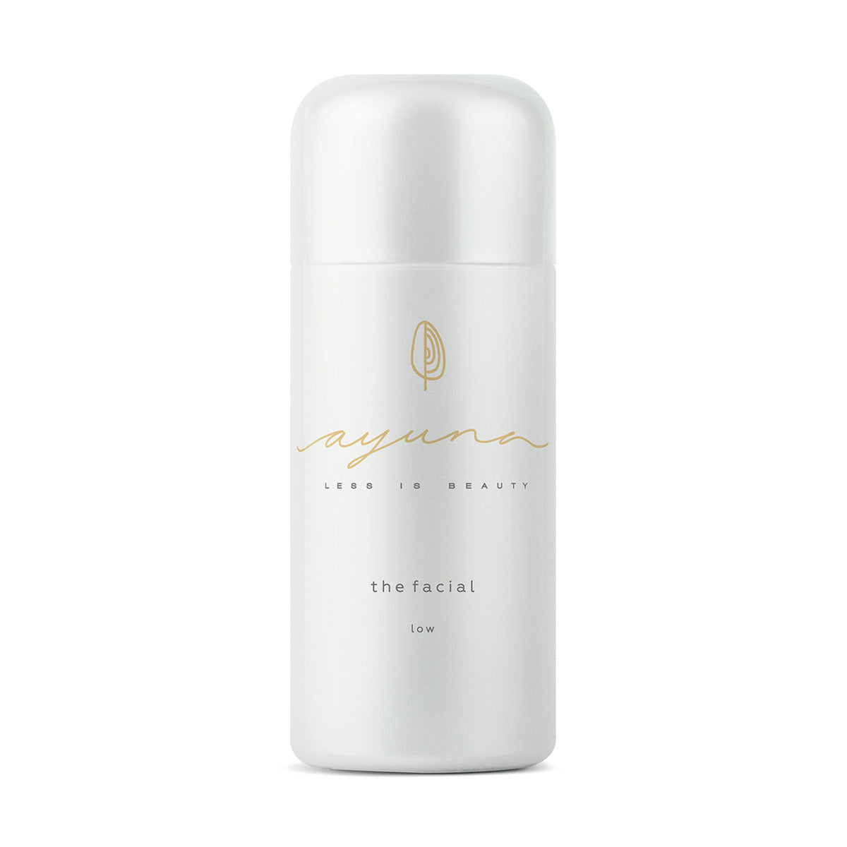 White skincare bottle of the facial - low by ayuna with gold text on a white background