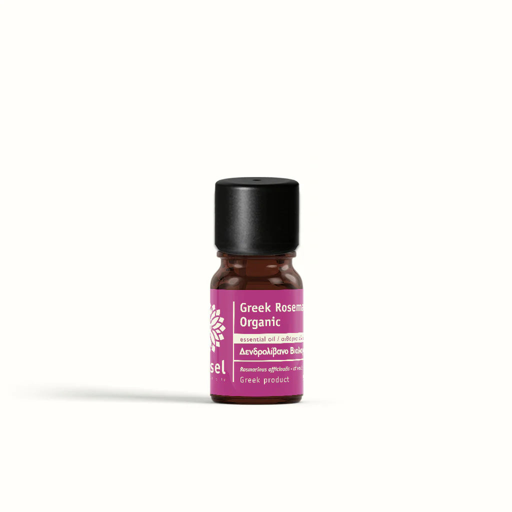 Greek Rosemary Organic essential oil in a small brown bottle with a black cap and pink label on a white background