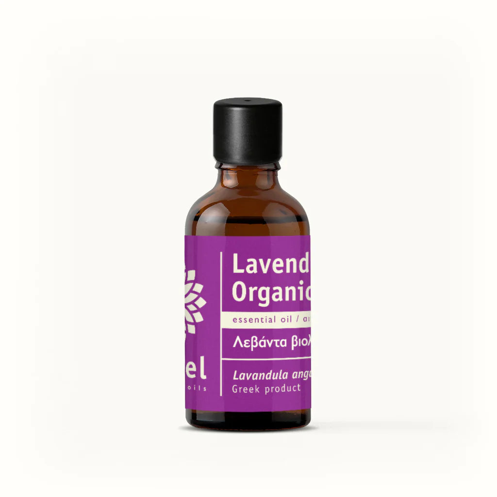Bottle of Lavender Organic essential oil by vessel with a purple label on a white background
