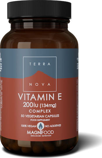 A bottle of the Vitamin E complex by TerraNova on a white background