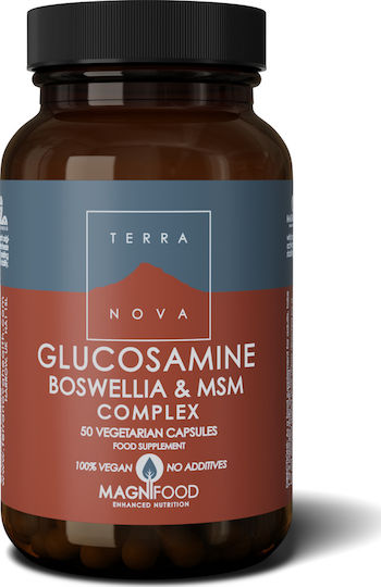 a bottle of TERRANOVA Glucosamine, Boswellia & MSM 50 capsules