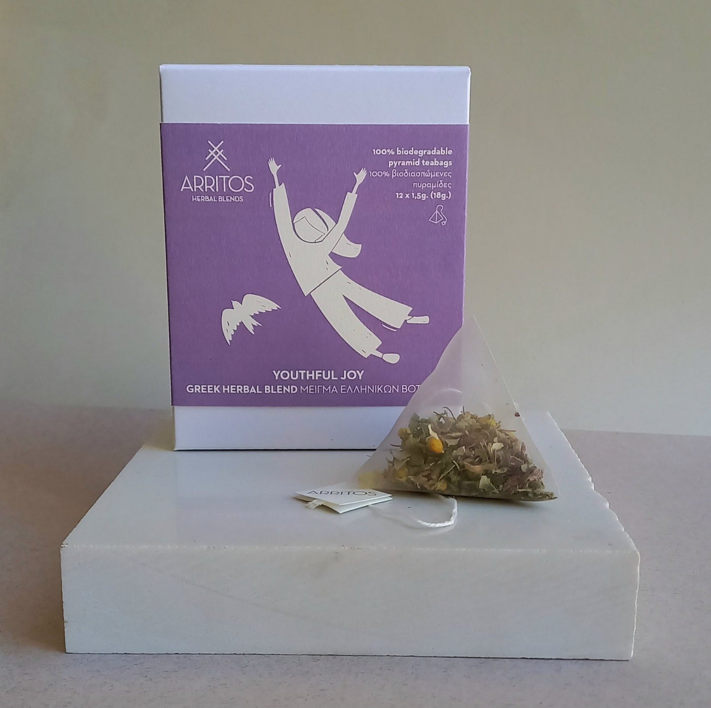 a box and a teabag of Youthful Joy herbal blend by Arritos