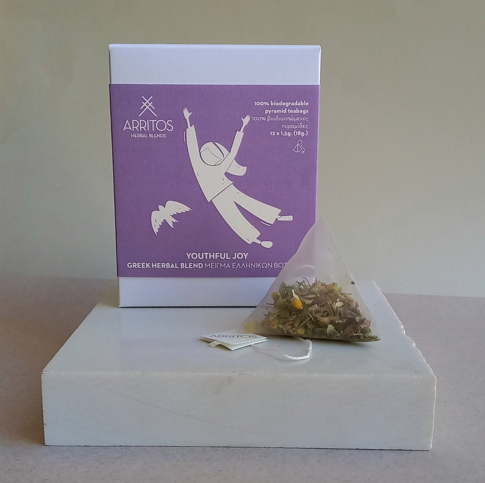 a box and a teabag of Youthful Joy herbal blend by Arritos