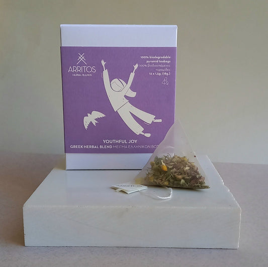 a box and a teabag of Youthful Joy herbal blend by Arritos
